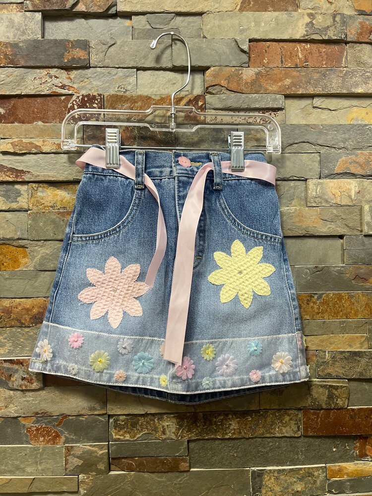 Denim Skirt with Floral Patches and Floral Ribbon Hem, Size 3T