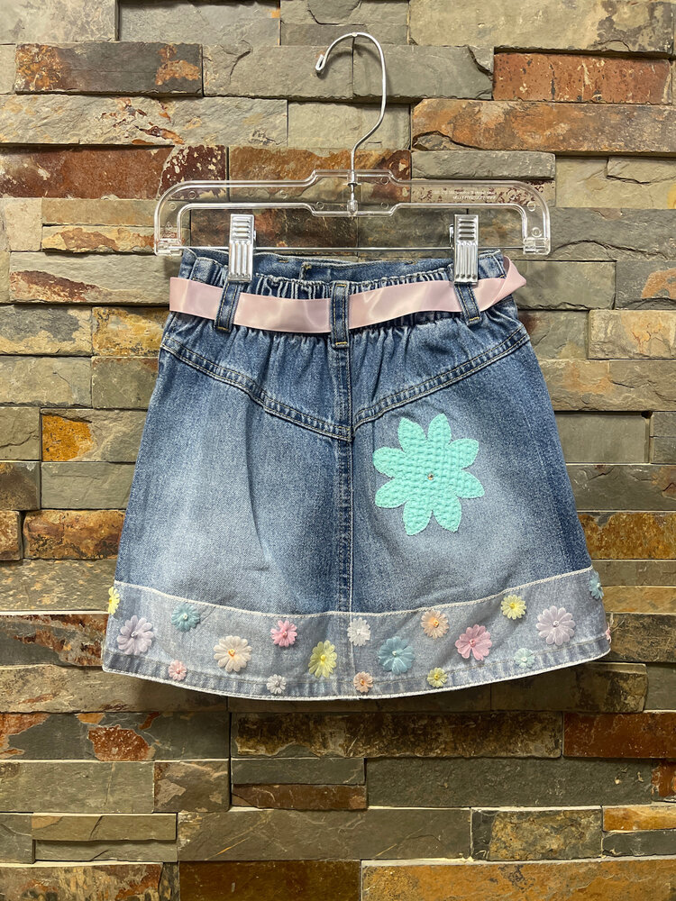 Denim Skirt with Floral Patches and Floral Ribbon Hem, Size 3T