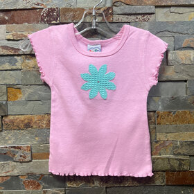 Pink Ruffle Edge T-shirt with Aqua Flower Patch, Size 2T