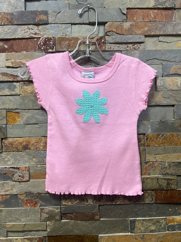 Pink Ruffle Edge T-shirt with Aqua Flower Patch, Size 2T
