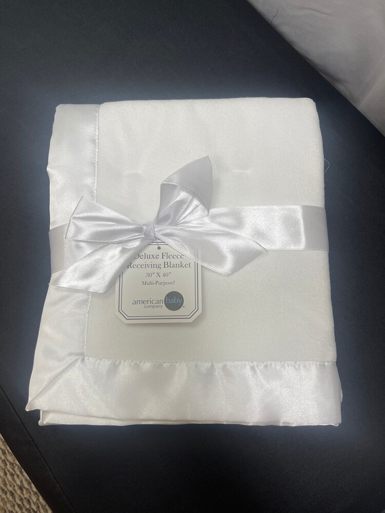 White Fleece Baby Blanket, 30" x 40" with Satin Trim