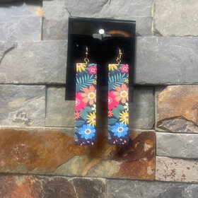 Black with Handpainted Flowers Wooden Earrings