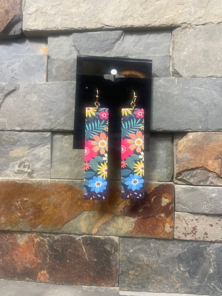 Black with Handpainted Flowers Wooden Earrings