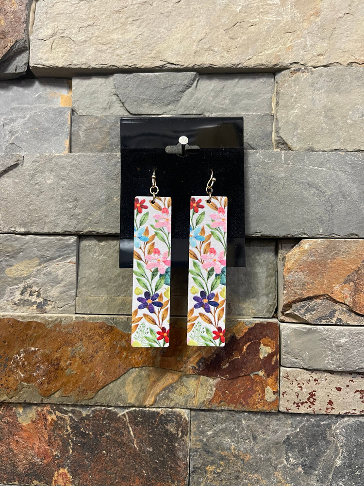 White with Handpainted  Flowers Wooden Earrings