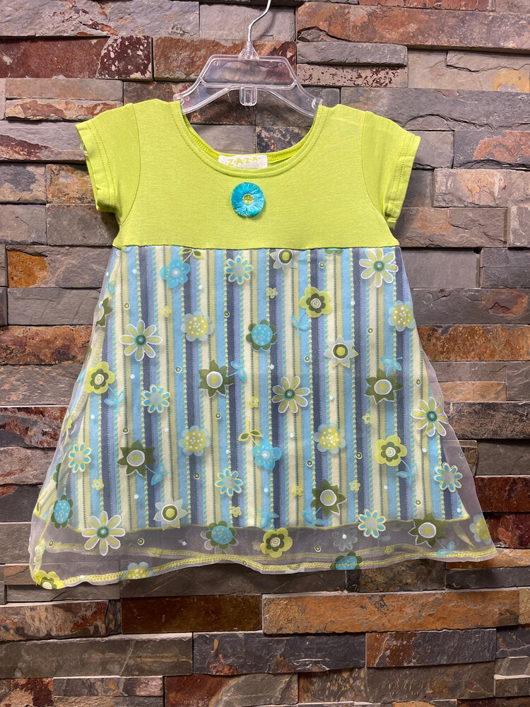Lime and Blue Striped Dress with Floral Overlay, Size 2T