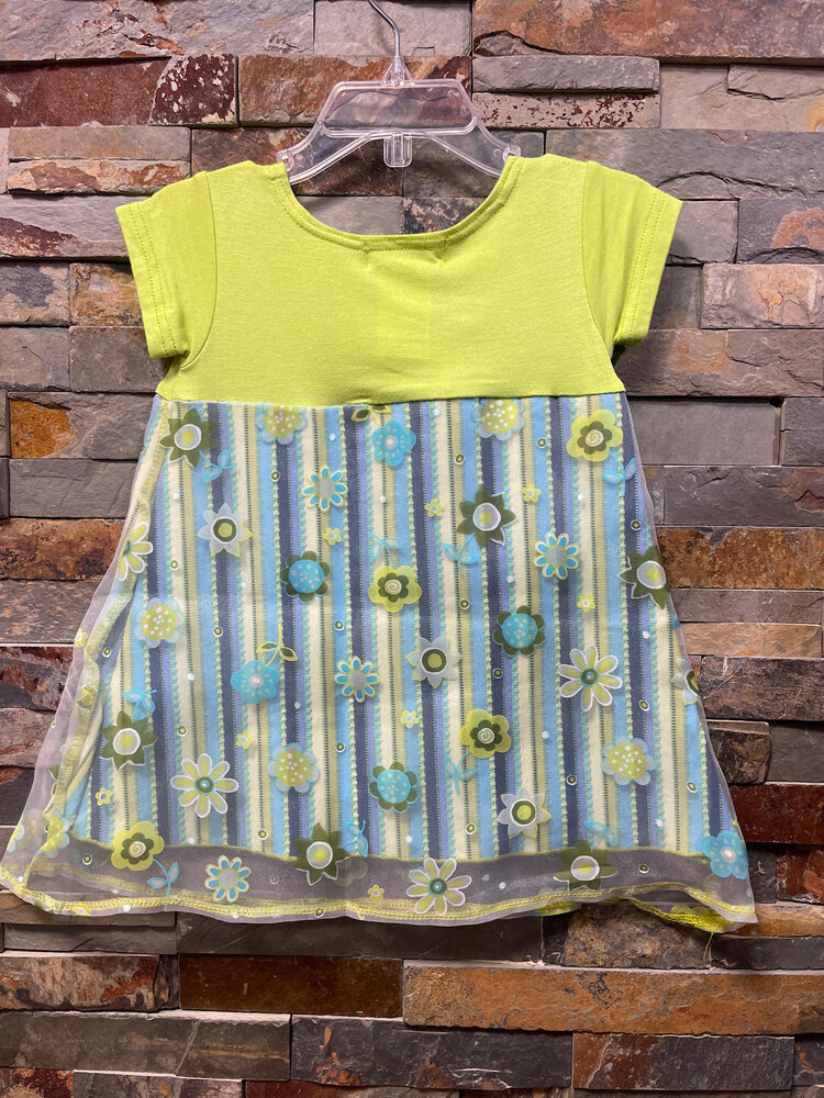 Lime and Blue Striped Dress with Floral Overlay, Size 2T