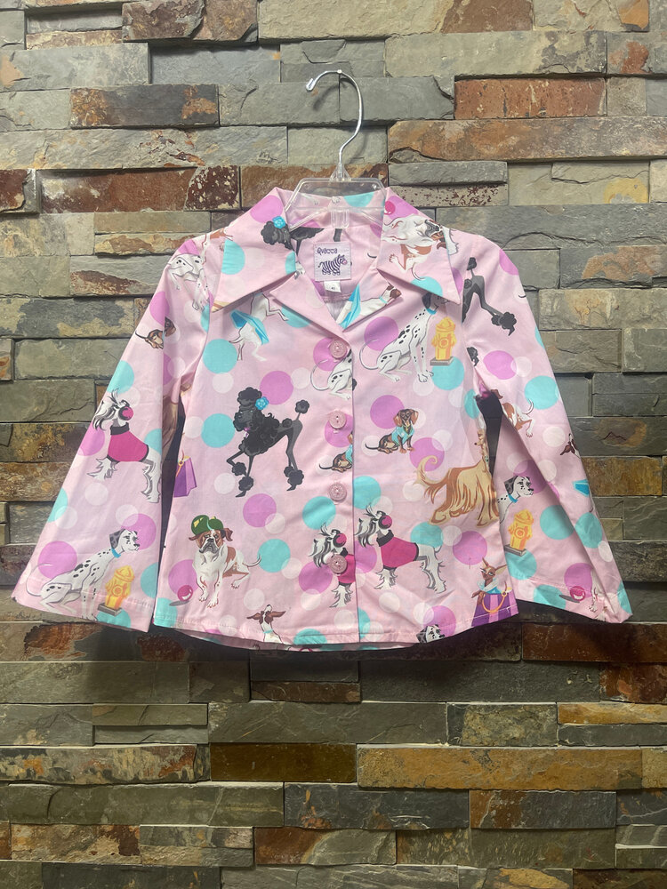 Pink Polka Dot and Puppies Button Down Shirt, Size 4T