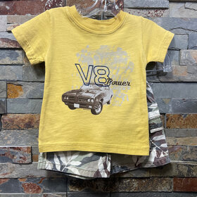Mustard V-8 Power T-shirt with Tan Tropical Camo Shorts, Size 6M