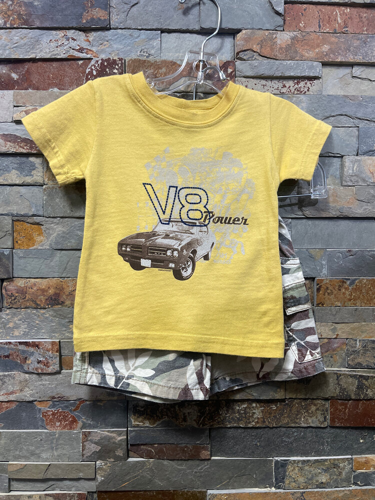 Mustard V-8 Power T-shirt with Tan Tropical Camo Shorts, Size 6M