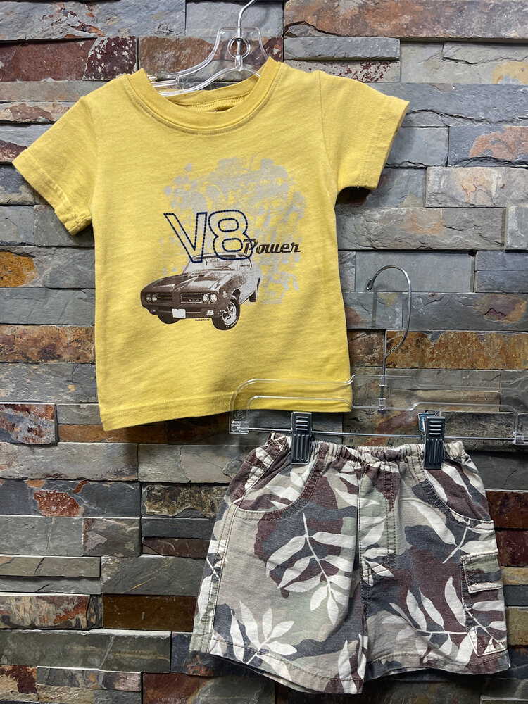 Mustard V-8 Power T-shirt with Tan Tropical Camo Shorts, Size 6M