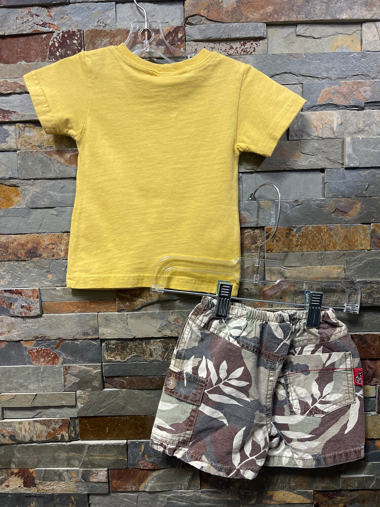 Mustard V-8 Power T-shirt with Tan Tropical Camo Shorts, Size 6M