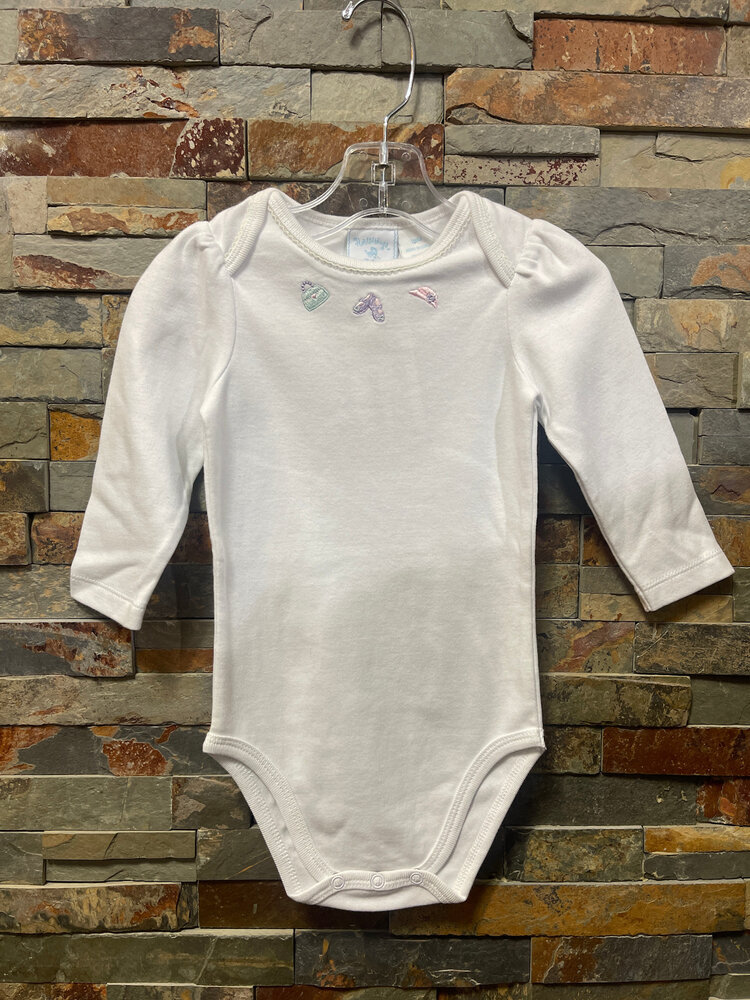 White Longsleeve Bodysuit with Purse, Hat & Shoes Embroidery, Size 18M