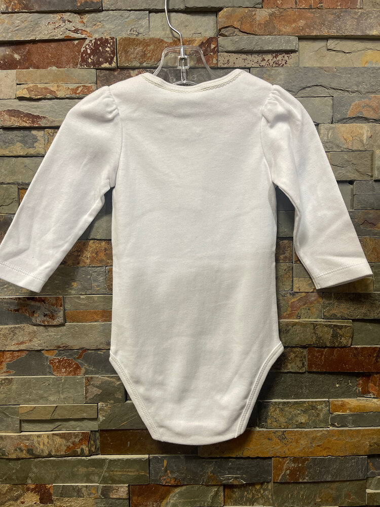 White Longsleeve Bodysuit with Purse, Hat & Shoes Embroidery, Size 18M