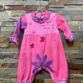 Hot Pink Romper with Handpainted Floral Design, Size 0-6M