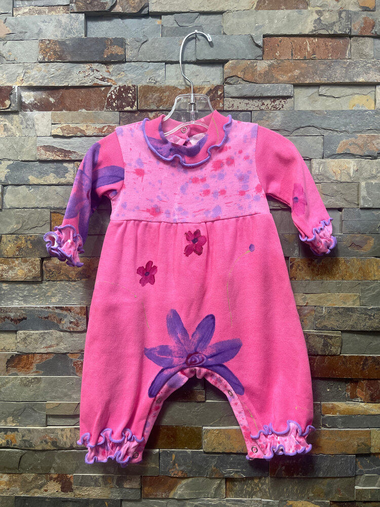 Hot Pink Romper with Handpainted Floral Design, Size 0-6M