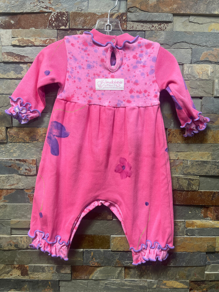 Hot Pink Romper with Handpainted Floral Design, Size 0-6M
