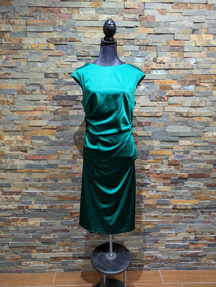 Betsy & Adam Emerald Silky Ruched Satin Dress, Size 16