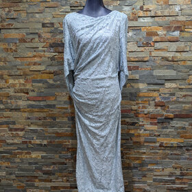 Betsy & Adam Light Sage Lace Gown with Draped Back, Size 16