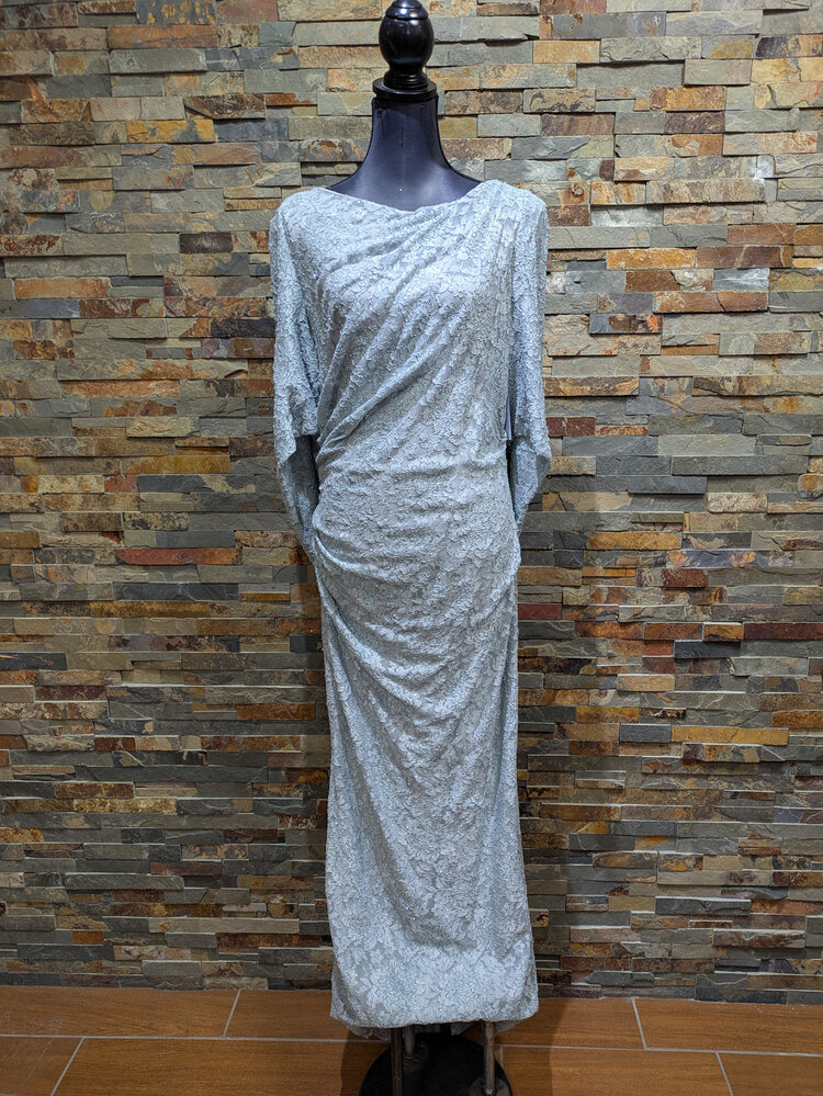 Betsy & Adam Light Sage Lace Gown with Draped Back, Size 16