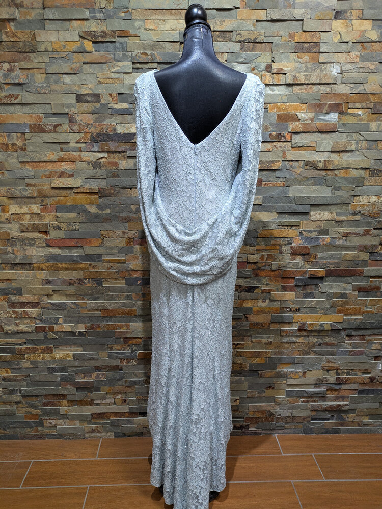 Betsy & Adam Light Sage Lace Gown with Draped Back, Size 16