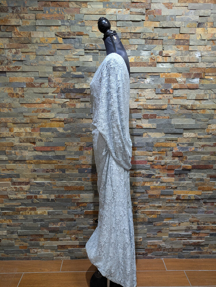 Betsy & Adam Light Sage Lace Gown with Draped Back, Size 16