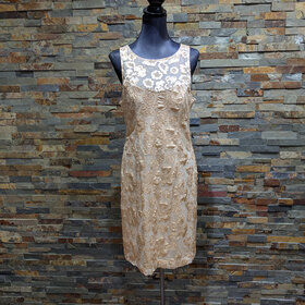 Sue Wong Champagne Floral Lace Dress, Size 14