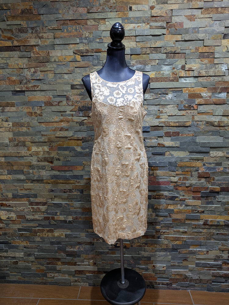 Sue Wong Champagne Floral Lace Dress, Size 14