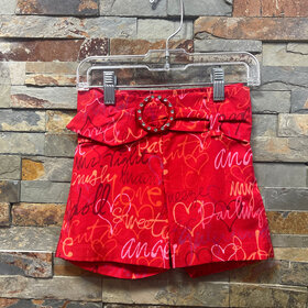 Red  Heart Print Belted Girls Short, Size 4