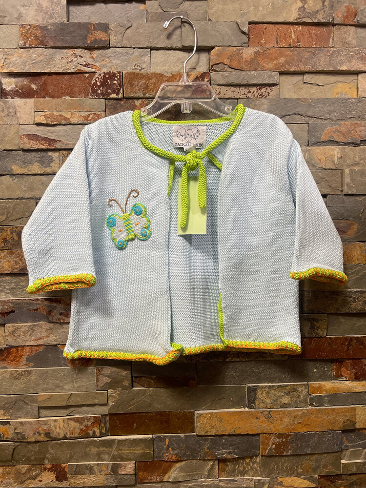 Light Blue Knit Cardigan with Butterflies, Size 3/4