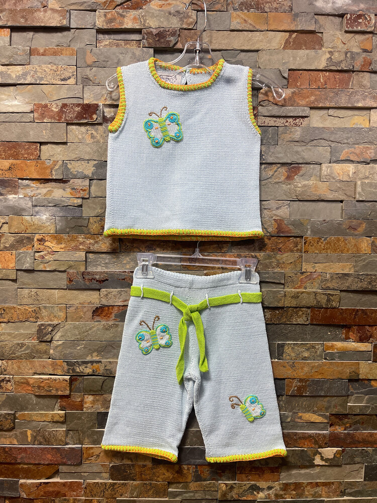 Light Blue Knitted Capri Set with Butterflies, Size 3/4