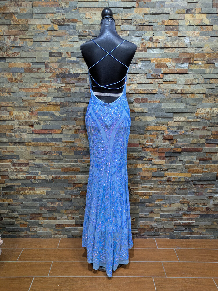 B Darlin Sky Blue Strappy Sequin Pattern Gown, Size 13/14