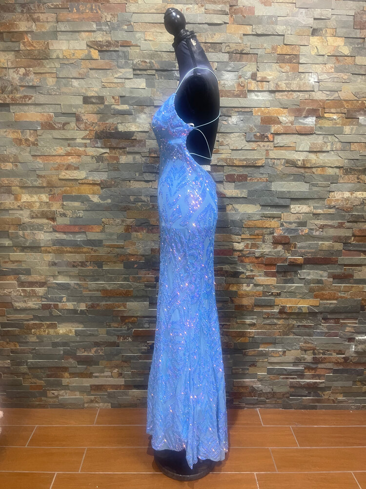 B Darlin Sky Blue Strappy Sequin Pattern Gown, Size 13/14