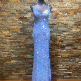B Darlin Sky Blue Strappy Sequin Pattern Gown, Size 13/14