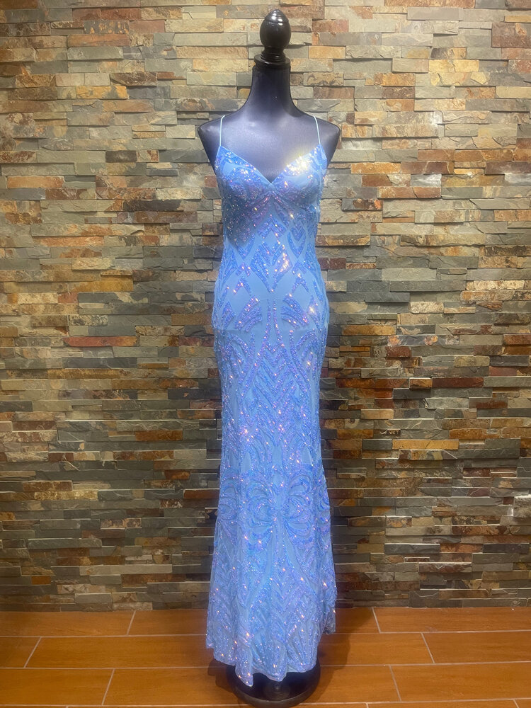 B Darlin Sky Blue Strappy Sequin Pattern Gown, Size 13/14