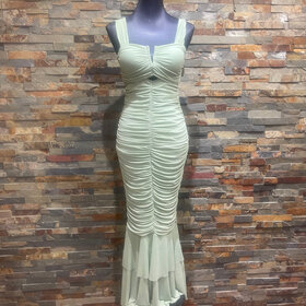 Light Sage Sleeveless Ruched Mermaid Bodycon Dress, Size M
