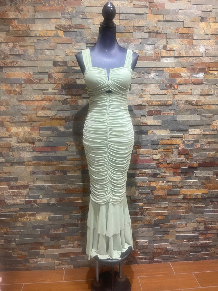 Light Sage Sleeveless Ruched Mermaid Bodycon Dress, Size M