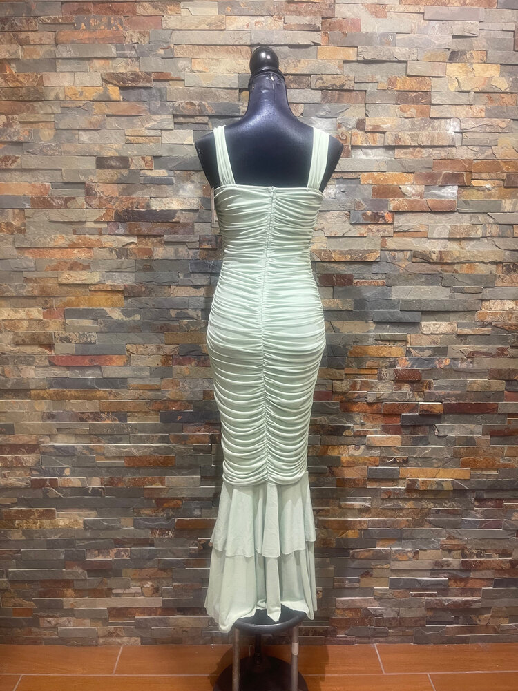 Light Sage Sleeveless Ruched Mermaid Bodycon Dress, Size M