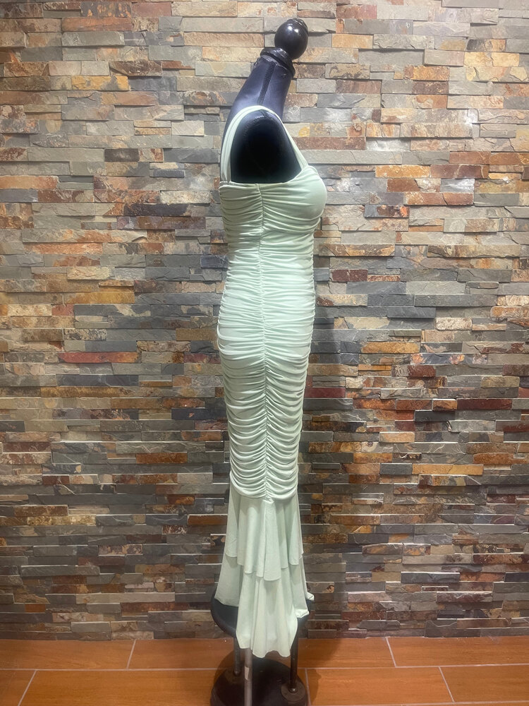 Light Sage Sleeveless Ruched Mermaid Bodycon Dress, Size M
