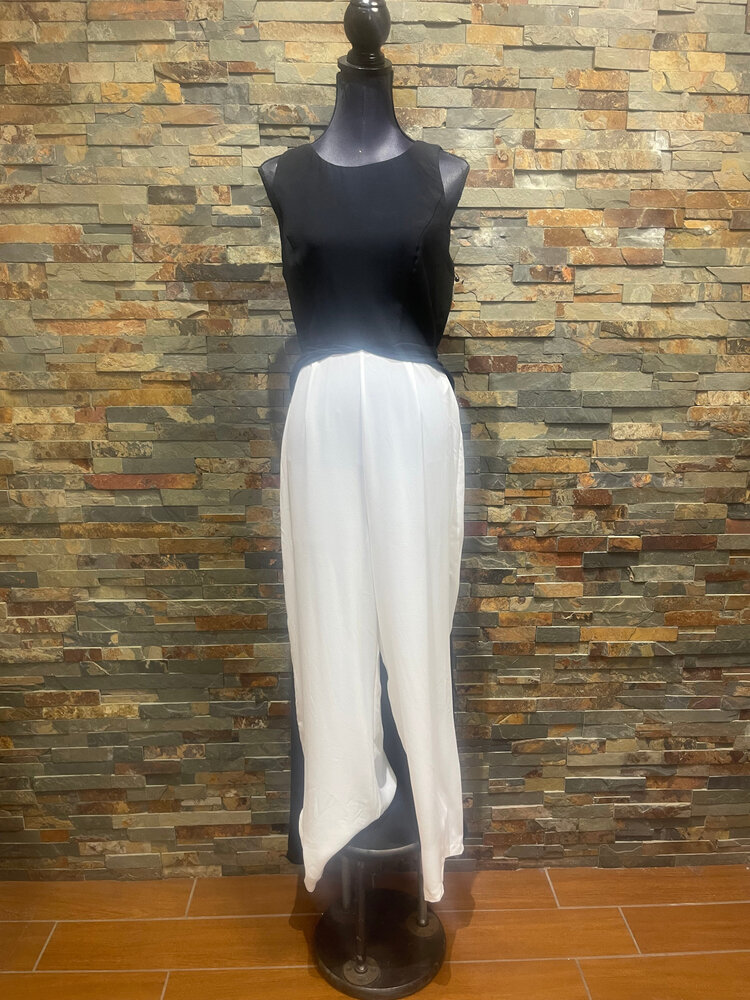 Adrianna Papell Black and White Crewneck  Jumpsuit with Color Block Overlay, Size 12