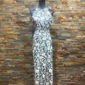 White with Green Floral Print Halter Tiered Dress, Size M