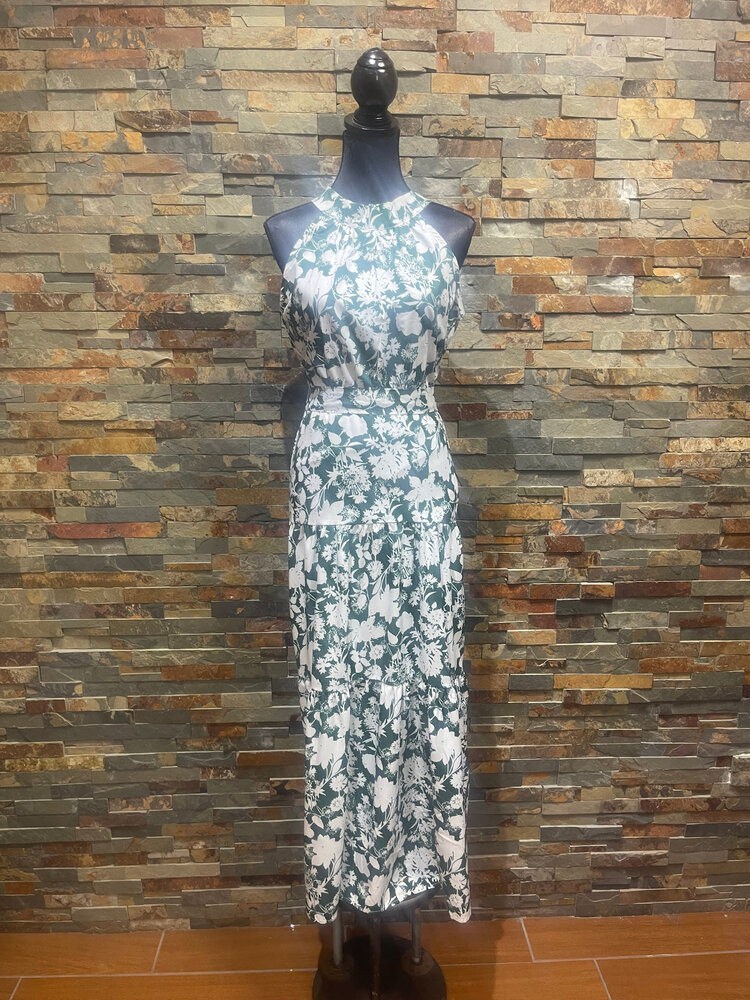 White with Green Floral Print Halter Tiered Dress, Size M