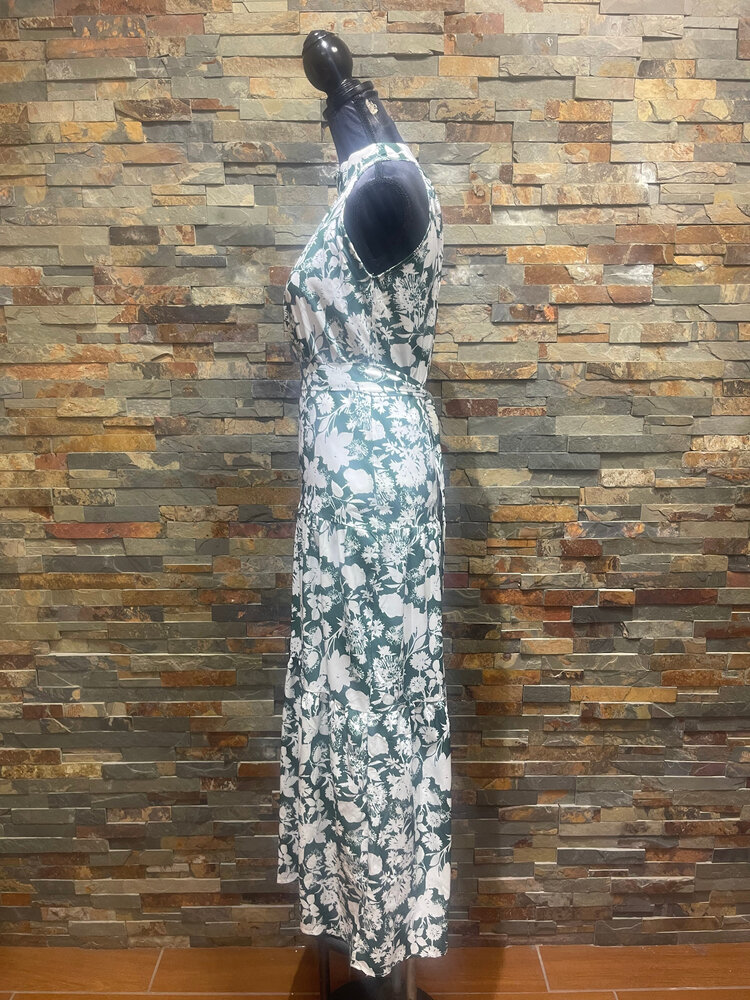 White with Green Floral Print Halter Tiered Dress, Size M