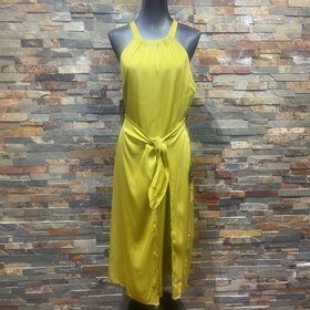 Lulus Chartreuse Halter Style Neckline, Backless, and Faux Wrap Style Skirt Detail, Size M