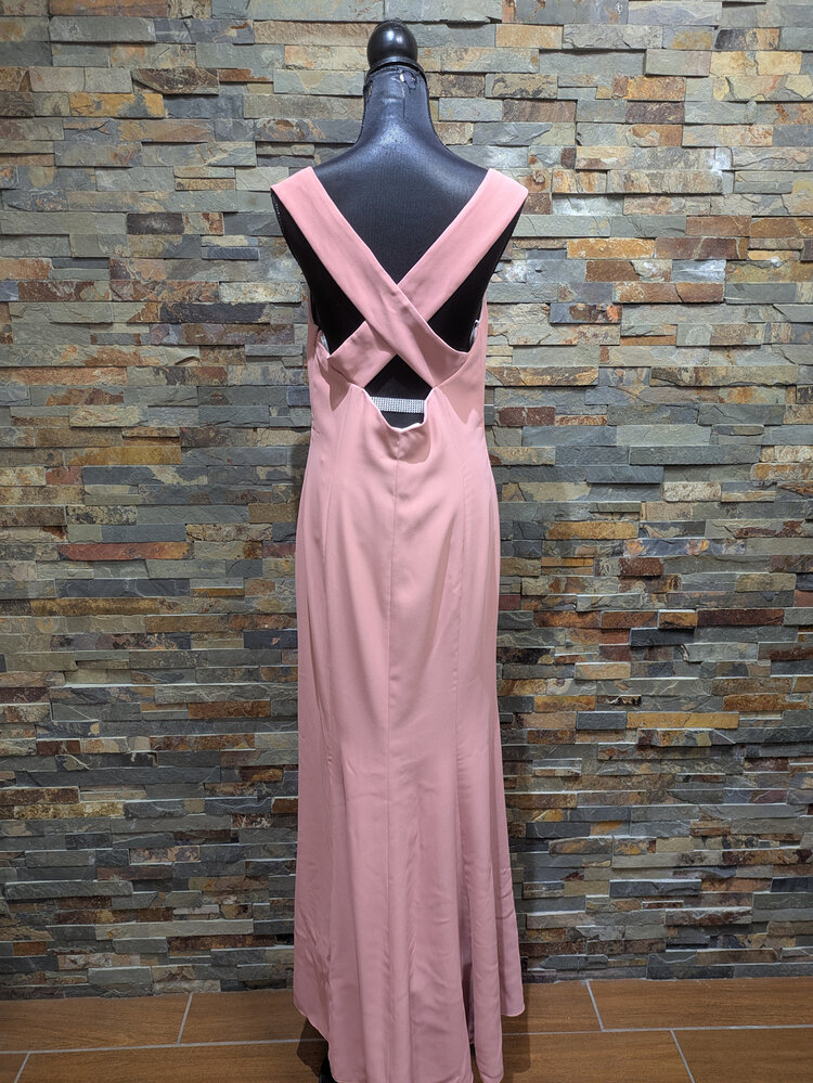 Dessy Collection Dusty Rose Jersey Off the Shoulder Criss Cross Strap Gown, Size 16