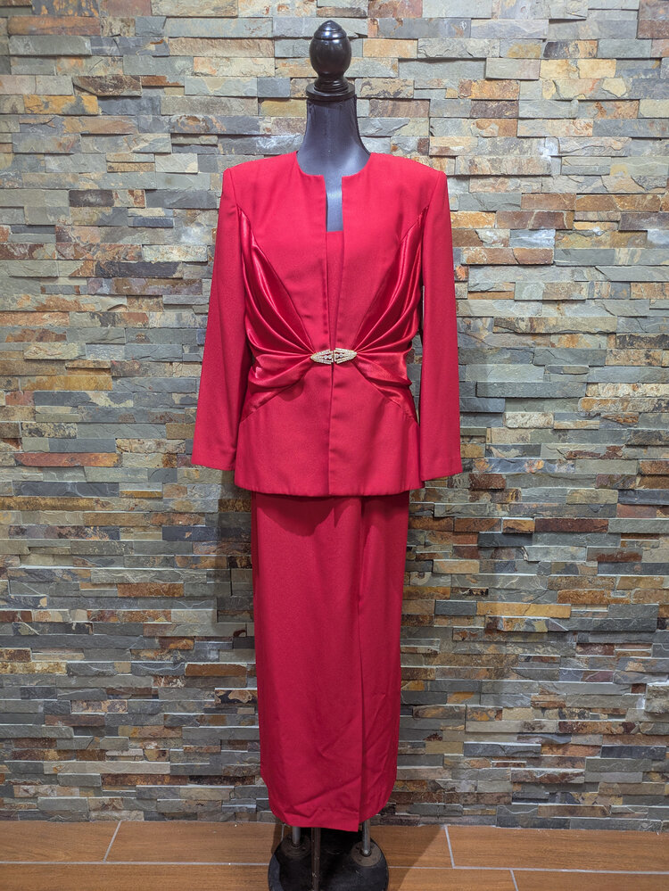 Red Sheath Dress with Rhinestone Clasp Jacket, Size 14