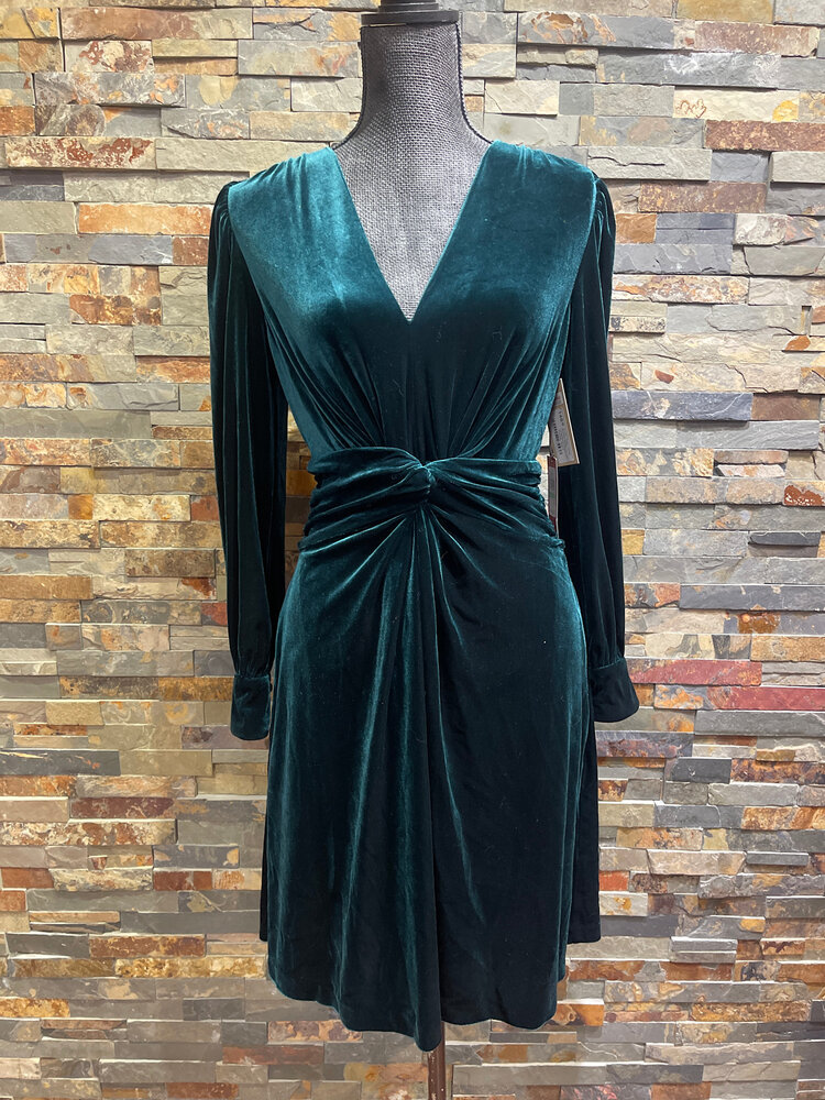 Vince Camuto Hunter Green Velvet Ruched Waist Longsleeve Dress with Pockets, Size 8