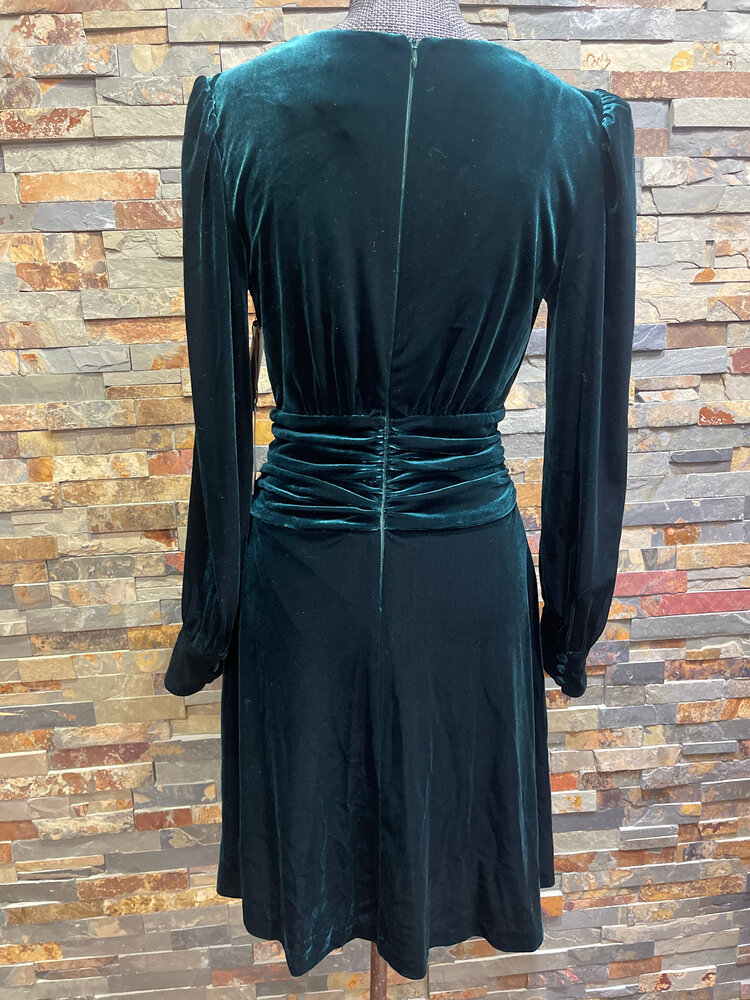 Vince Camuto Hunter Green Velvet Ruched Waist Longsleeve Dress with Pockets, Size 8