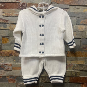 White with Navy Trim Knitted Sailor Suit, Size 3M