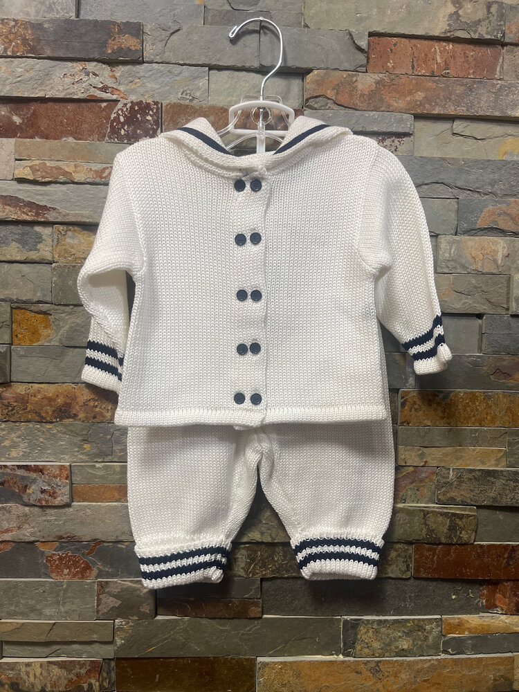 White with Navy Trim Knitted Sailor Suit, Size 3M