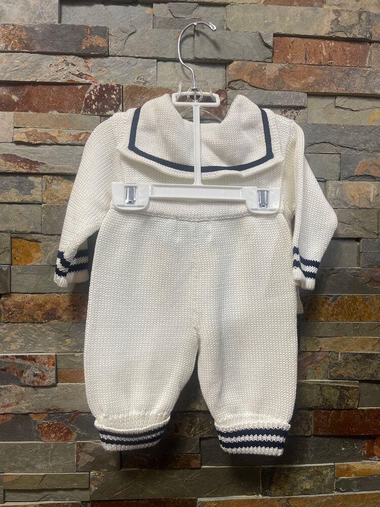 White with Navy Trim Knitted Sailor Suit, Size 3M
